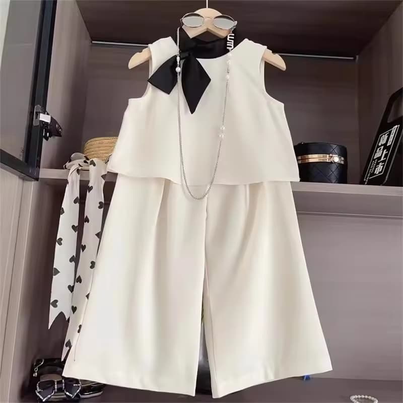 2024 Summer Casual Korean Kids Clothes Solid Color Sleeveless Round Neck Bowknot Vest Wide Leg Pants 2Pcs Children Wear Girls